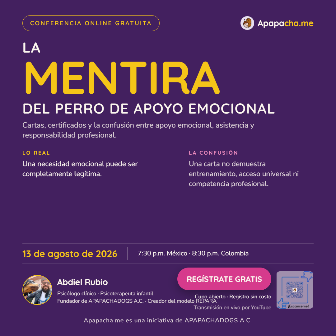 Flyer de la conferencia La mentira del perro de apoyo emocional, jueves 13 de agosto de 2026.