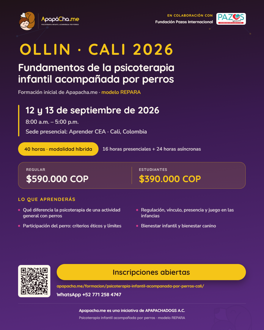 Flyer de OLLIN Cali 2026, formación inicial en psicoterapia infantil acompañada por perros, 12 y 13 de septiembre.