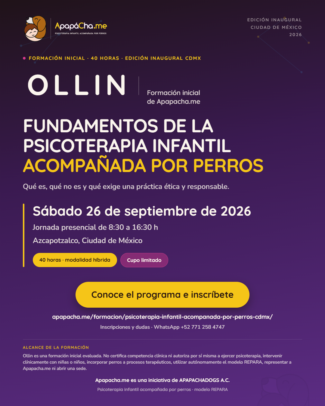 Flyer de OLLIN CDMX 2026, formación inicial en psicoterapia infantil acompañada por perros, sábado 26 de septiembre.